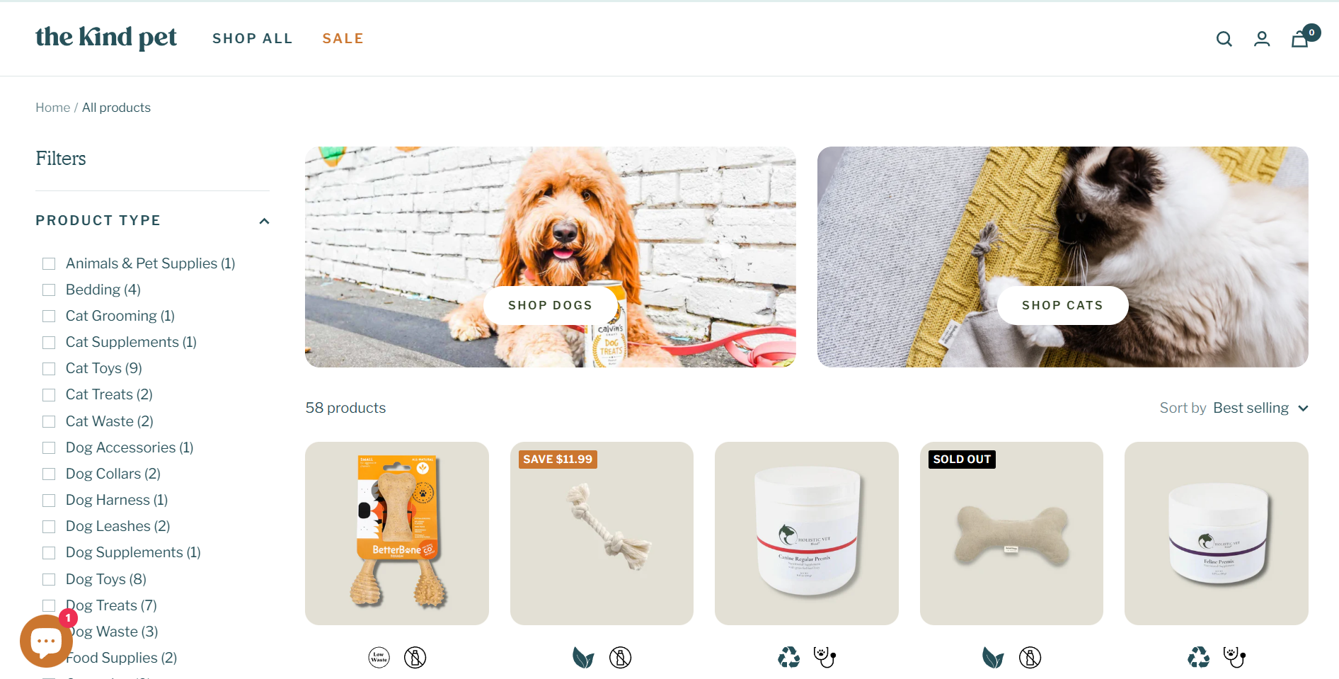 Screenshot of The Kind Pet Product Catalog Page, Shopify store