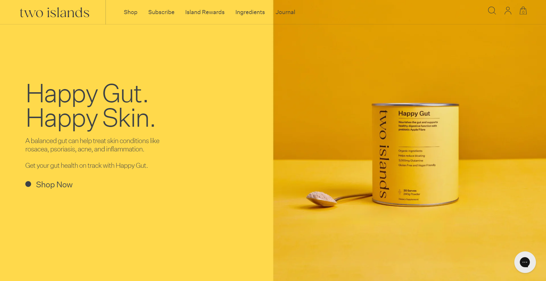 Screenshot of Two Islands Home Page, Shopify health products store