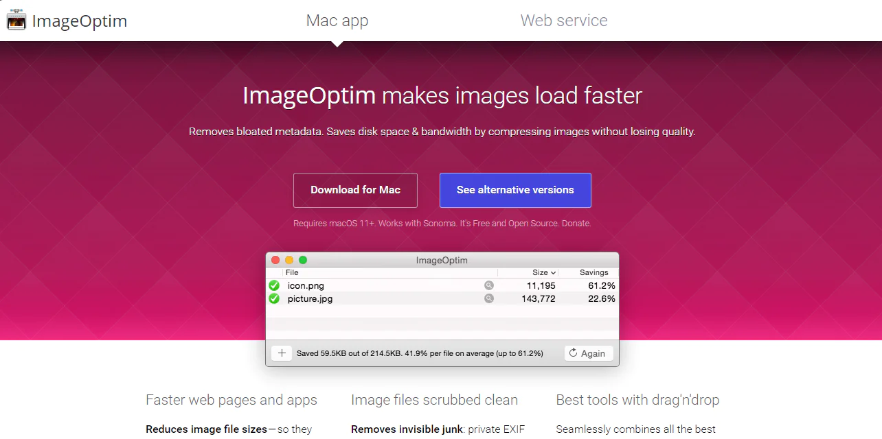 Screenshot of the ImageOptim for Mac website homepage