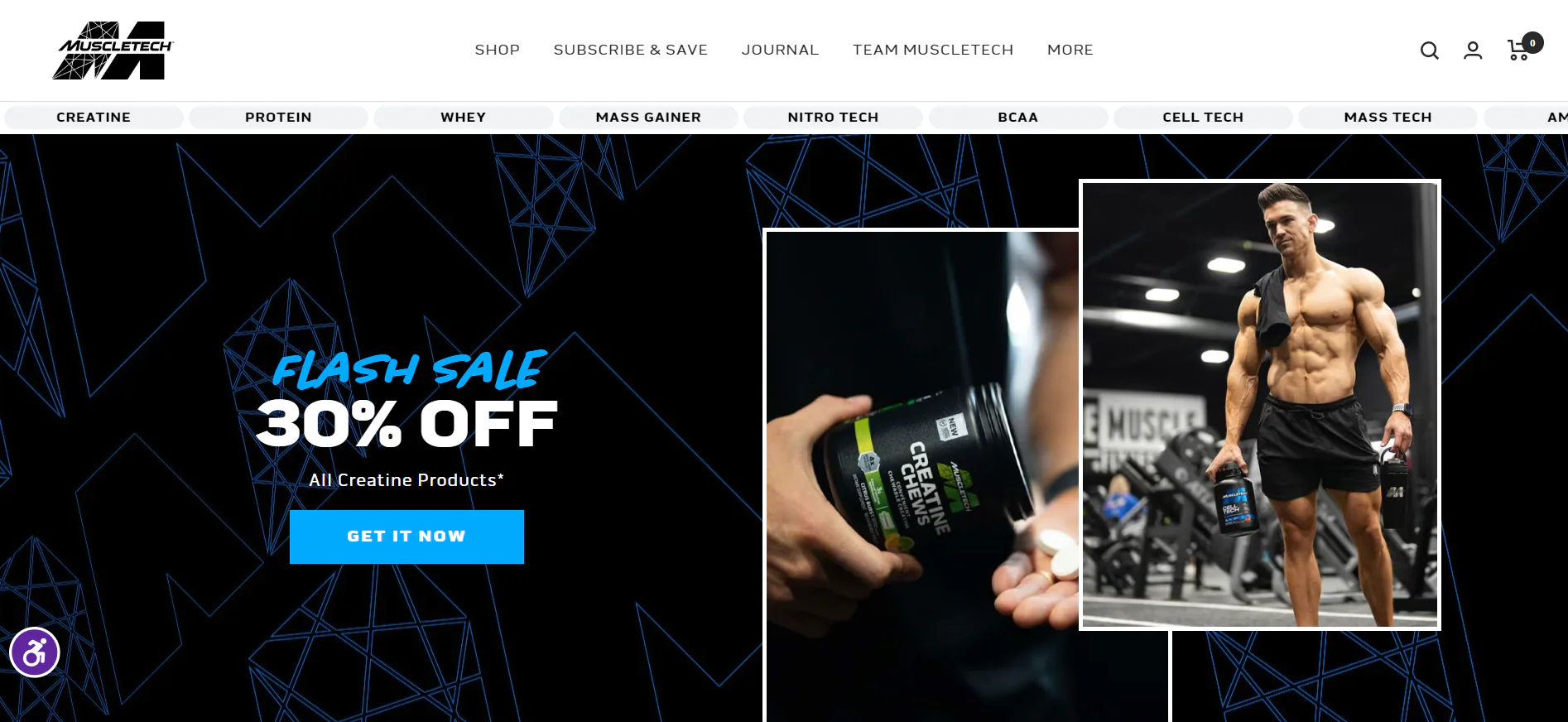 Screenshot of MuscleTech Home Page, Shopify fitness store